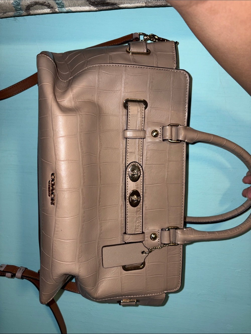 Coach Taupe Croc-Embossed Leather Satchel with Gold Hardware